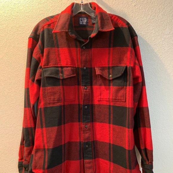 Grunge cotton Gap flannel plaid shirt red and black size M pre-owned good cond - Picture 1 of 10